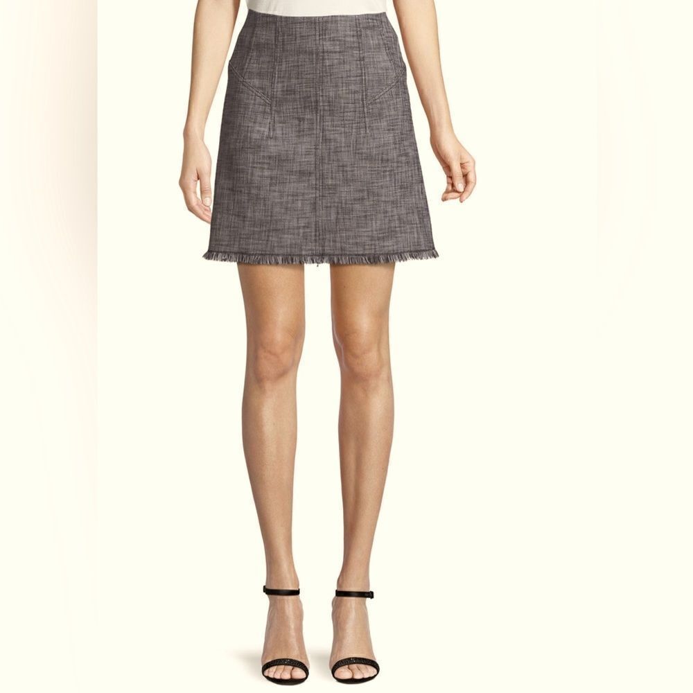 Rebecca Taylor Slub Suiting A-Line Skirt with Fringe Hem